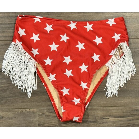 RAVESUITS Red W/ White Stars and White Fringe Bikini Bottom SZ M - Picture 1 of 5